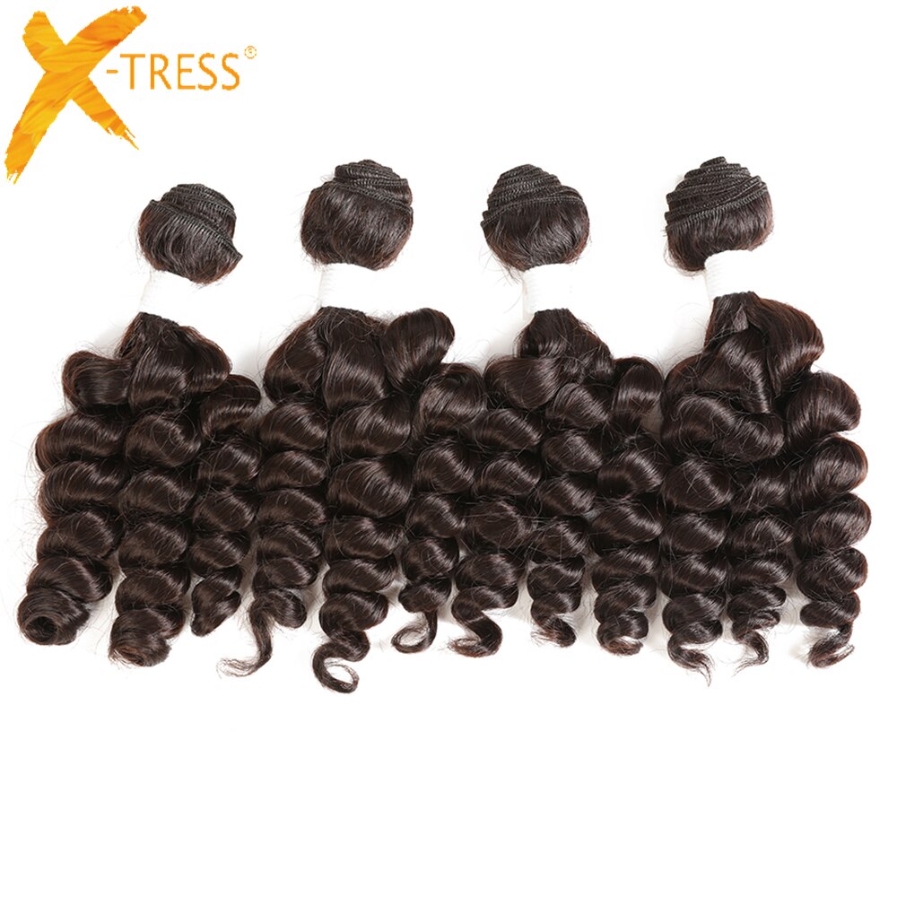 X-TRESS 16-18inches Funmi Curly Synthetic Hair Weaves 4 Bundles Ombre Brown Color Short Hair Weft Extension Heat Resistant Fiber